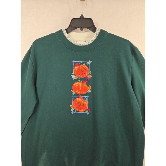 VTG Bobbie Brooks Pumpkins Embroidered Sweatshirt Mock Neck Green Women's Large - Picture 2 of 8